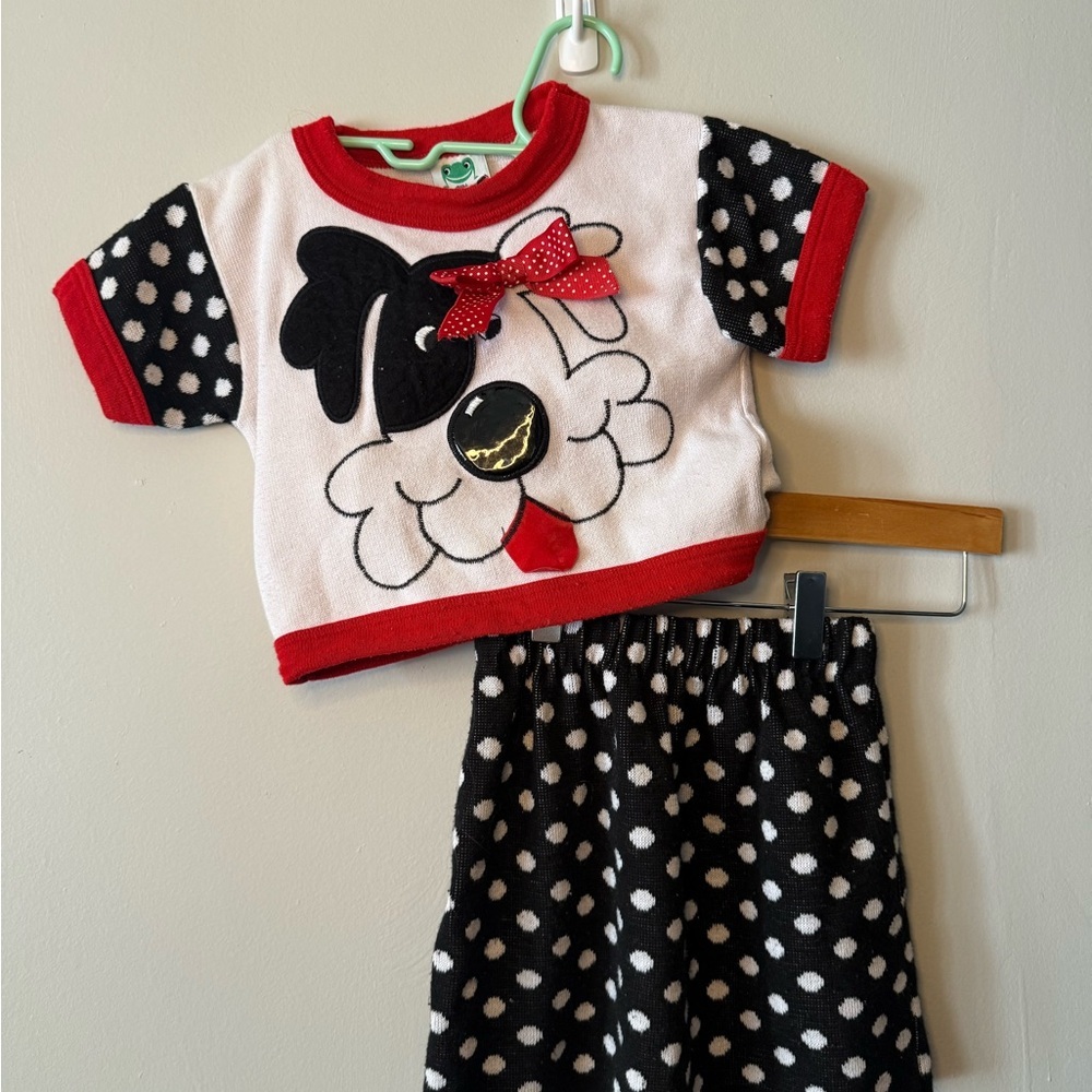 Vintage Bull Frog USA Kids Polka Dot Dog Outfit – 3D Bow, Sweater Set Size 4